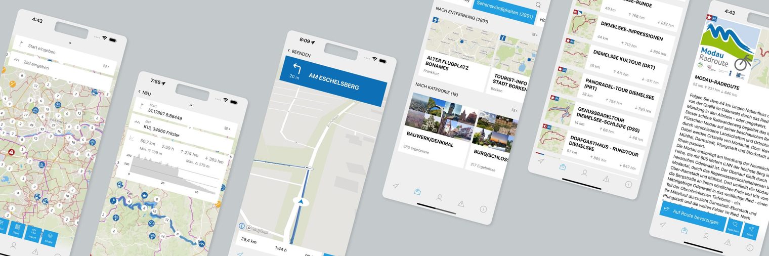 Hesse Cycling Route Planner, an overview of different app screens.
